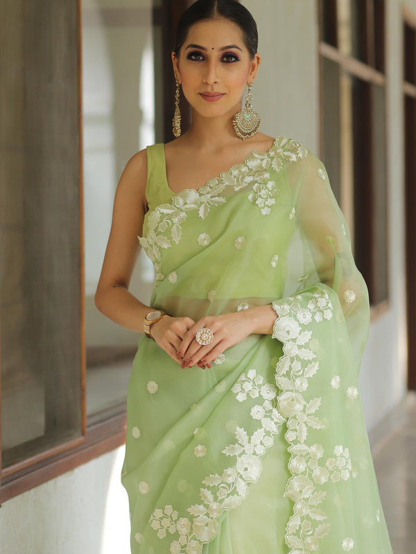 Banarasee Pure Organza Silk Saree With Floral Resham Embroidery-Light Green