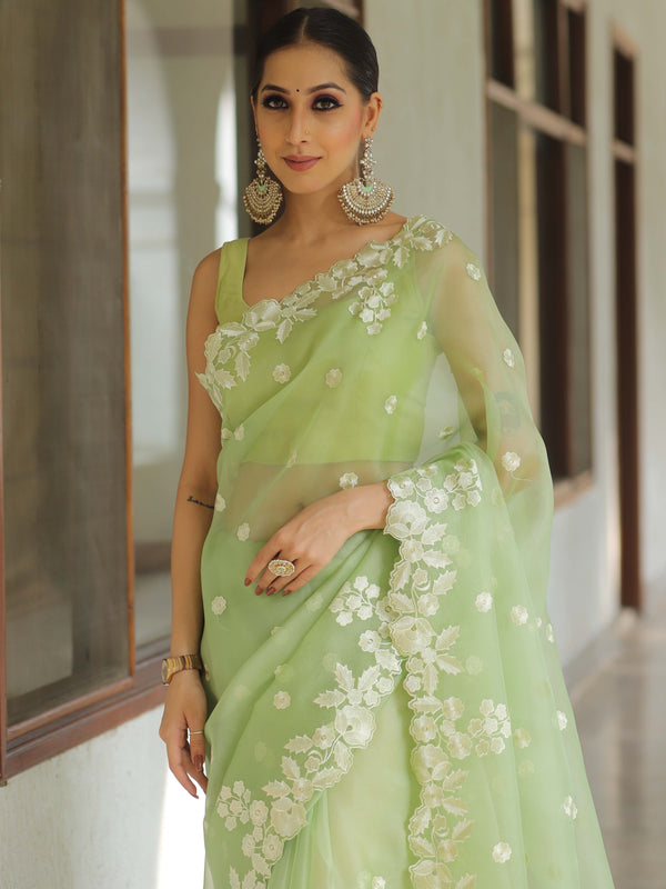 Banarasee Pure Organza Silk Saree With Floral Resham Embroidery-Light Green