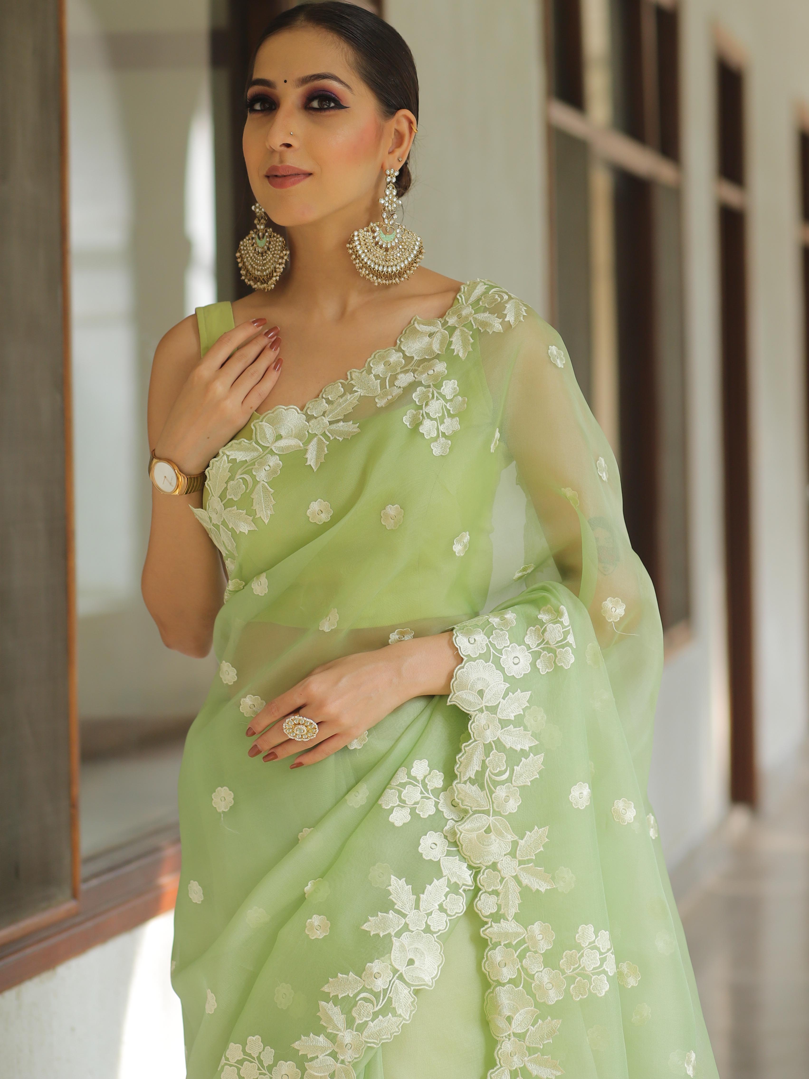 Banarasee Pure Organza Silk Saree With Floral Resham Embroidery-Light Green