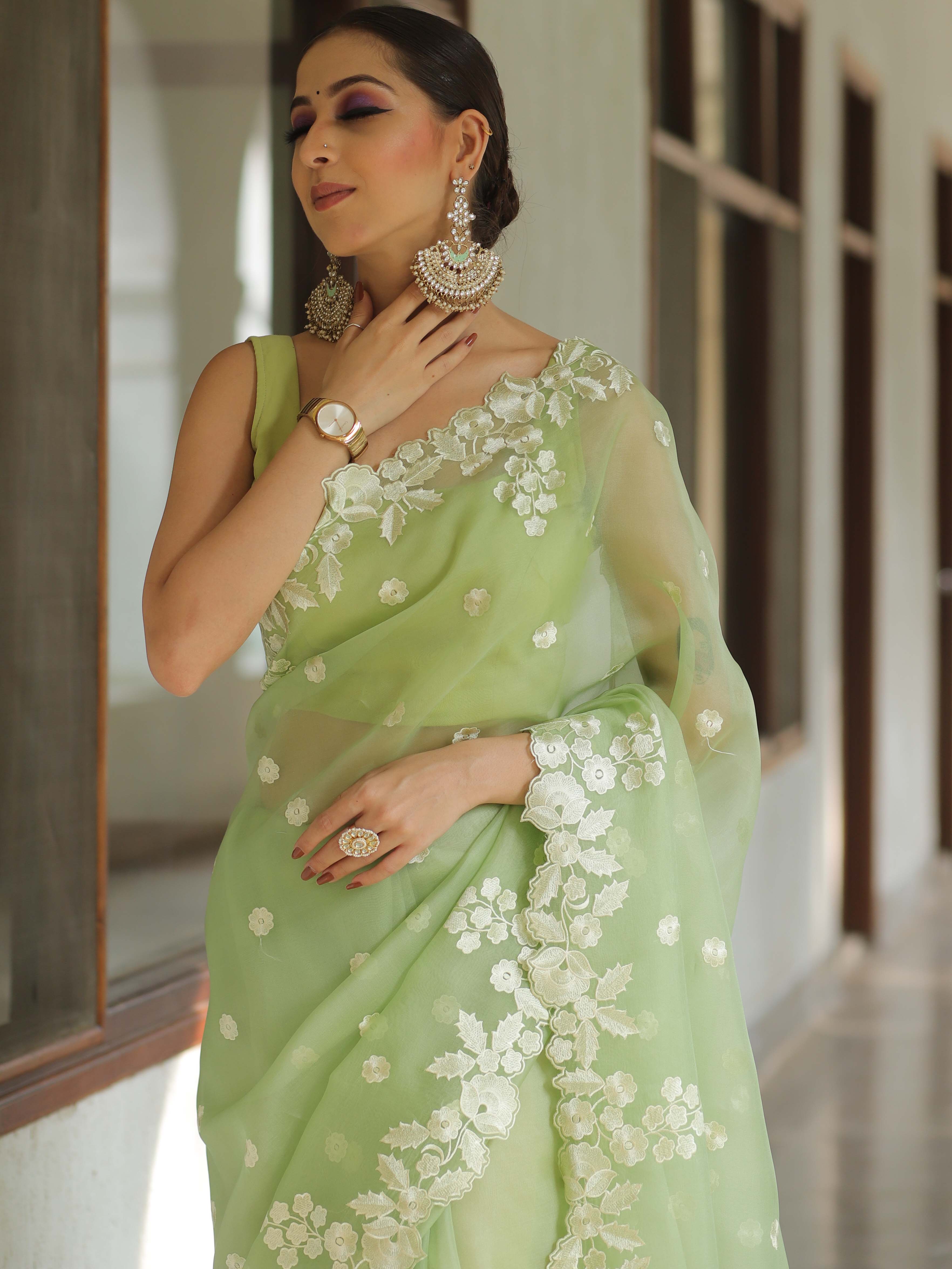 Banarasee Pure Organza Silk Saree With Floral Resham Embroidery-Light Green