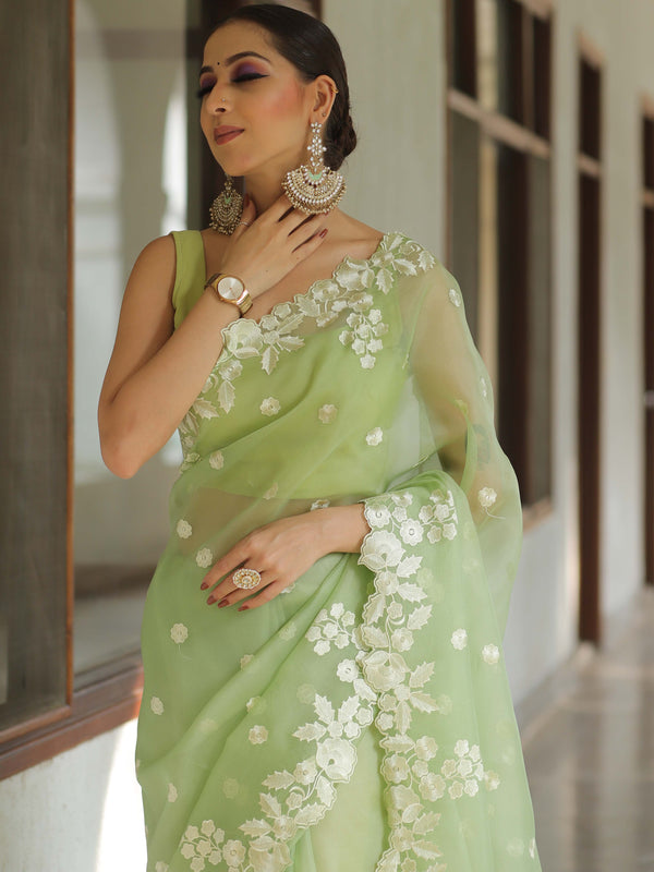 Banarasee Pure Organza Silk Saree With Floral Resham Embroidery-Light Green