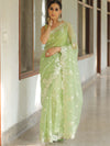 Banarasee Pure Organza Silk Saree With Floral Resham Embroidery-Light Green