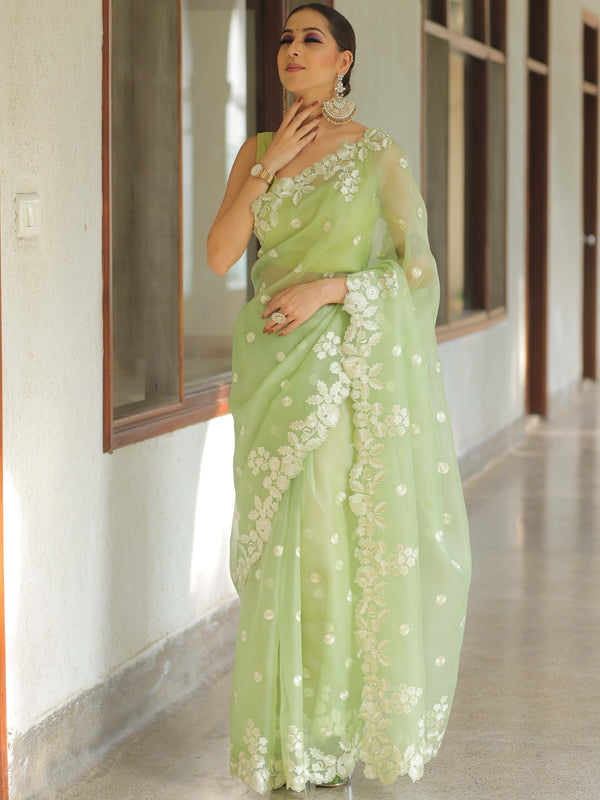 Banarasee Pure Organza Silk Saree With Floral Resham Embroidery-Light Green