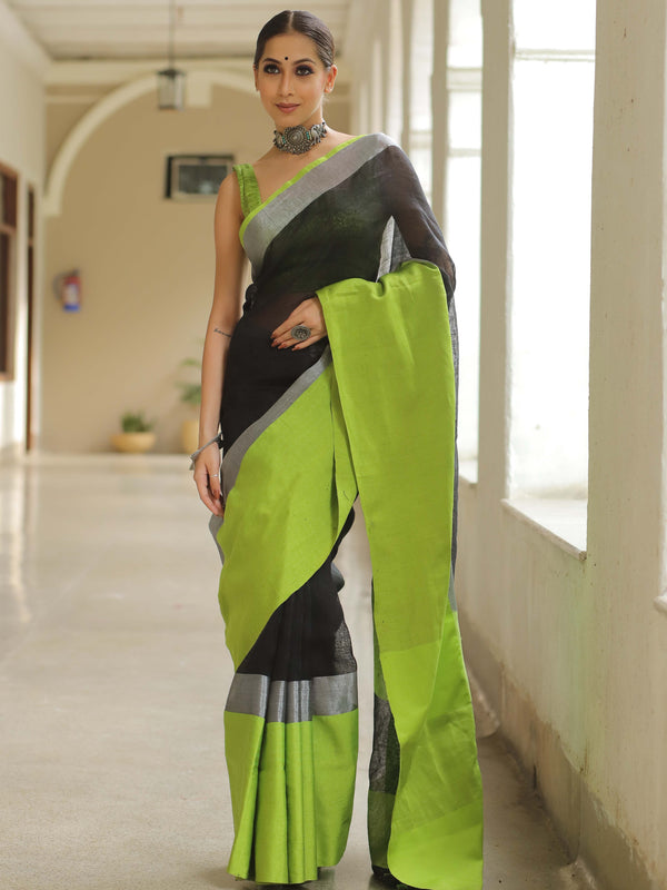 Banarasee Handloom Pure Linen Saree With Contrast Border-Black & Green