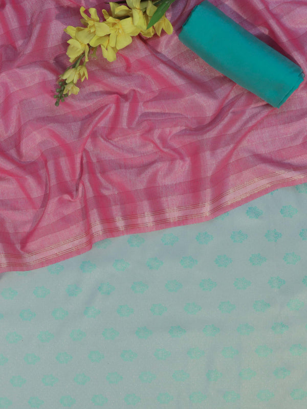 Banarasee Brocade Salwar Kameez Fabric With Cotton Silk Dupatta-Sea Green & Pink