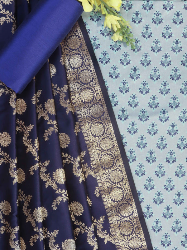 Banarasee Brocade Salwar Kameez Fabric With Art Silk Dupatta Set-Moss Green & Navy Blue