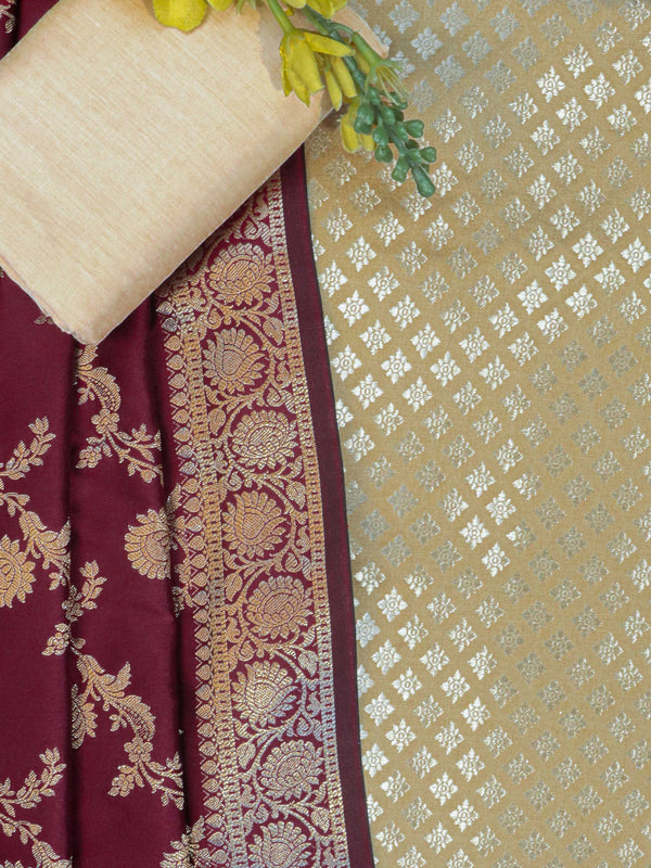 Banarasee Brocade Salwar Kameez Fabric With Art Silk Dupatta Set-Beige & Maroon