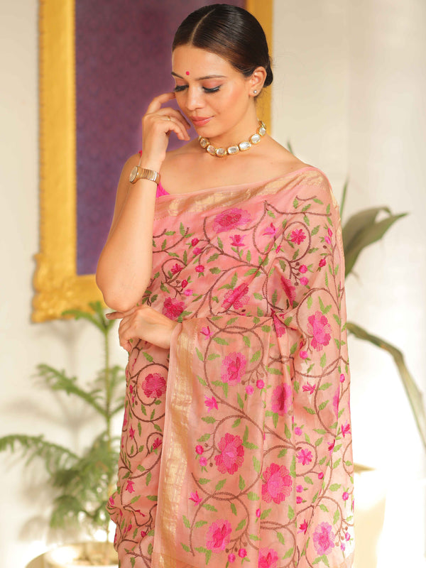 Banarasee Handloom Chanderi Saree With Embroidery Work-Pink