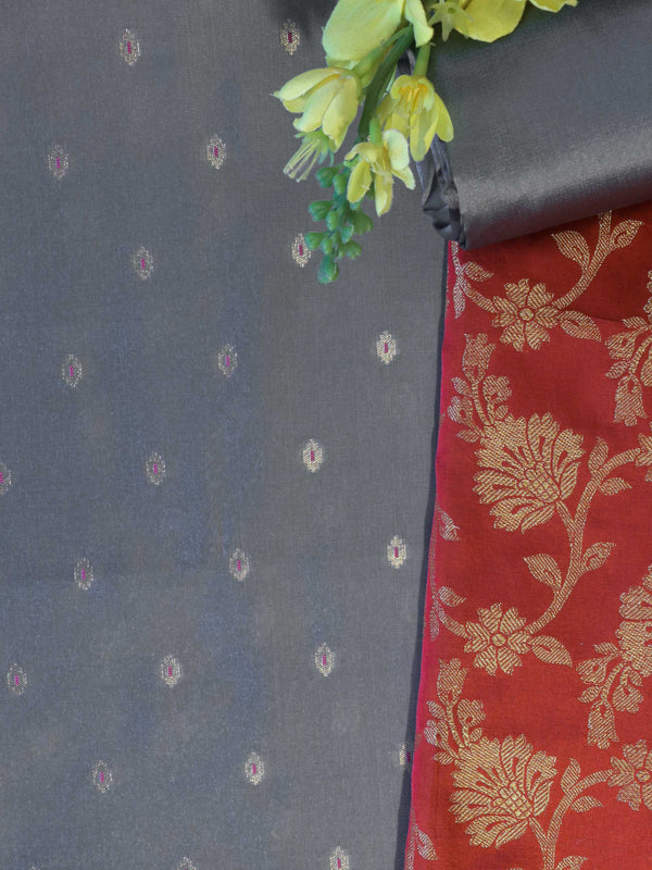 Banarasee Brocade Salwar Kameez Fabric With Cotton Silk Dupatta-Slate Blue & Red