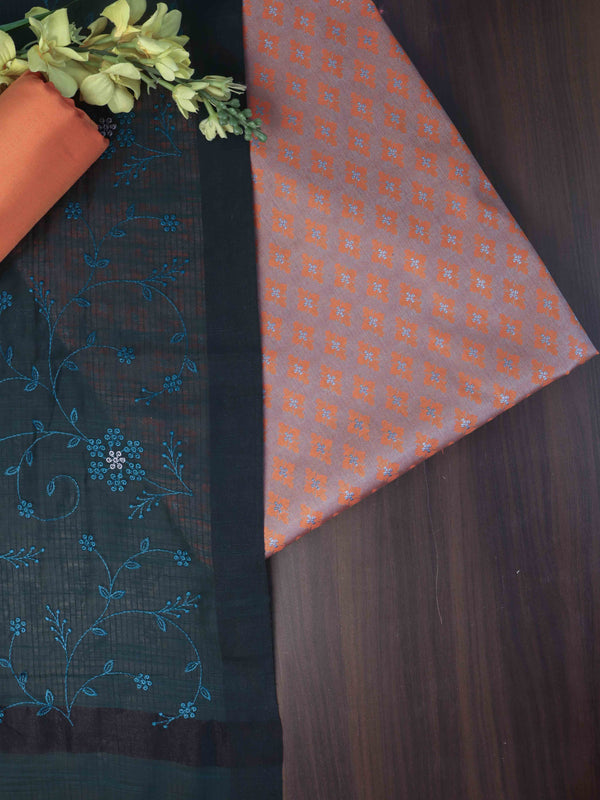 Banarasee Brocade Salwar Kameez Fabric With Cotton Silk Dupatta Set-Orange & Teal Blue
