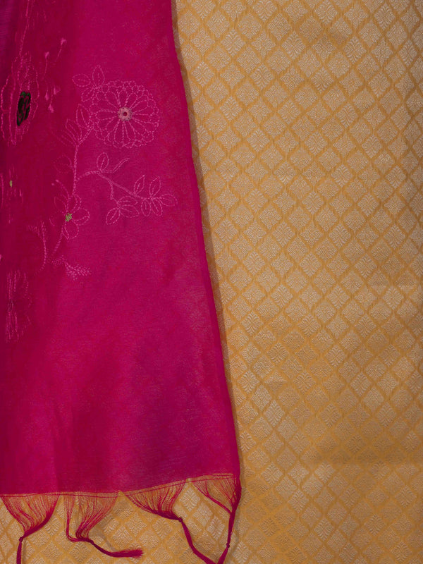 Banarasee Brocade Salwar Kameez Fabric With Cotton Silk Dupatta Set-Yellow & Pink