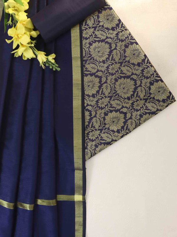 Banarasee Art Silk Salwar Kameez Fabric With Cotton Silk Dupatta Set-Navy Blue