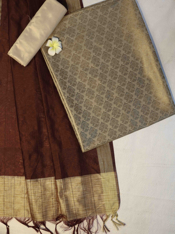 Banarasee Brocade Salwar Kameez Fabric With Cotton Silk Dupatta-Sandy Yellow & Brown