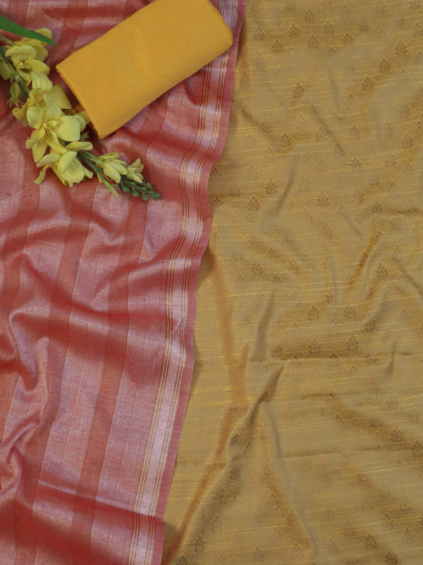 Banarasee Brocade Salwar Kameez Fabric With Cotton Silk Dupatta-Pink & Yellow