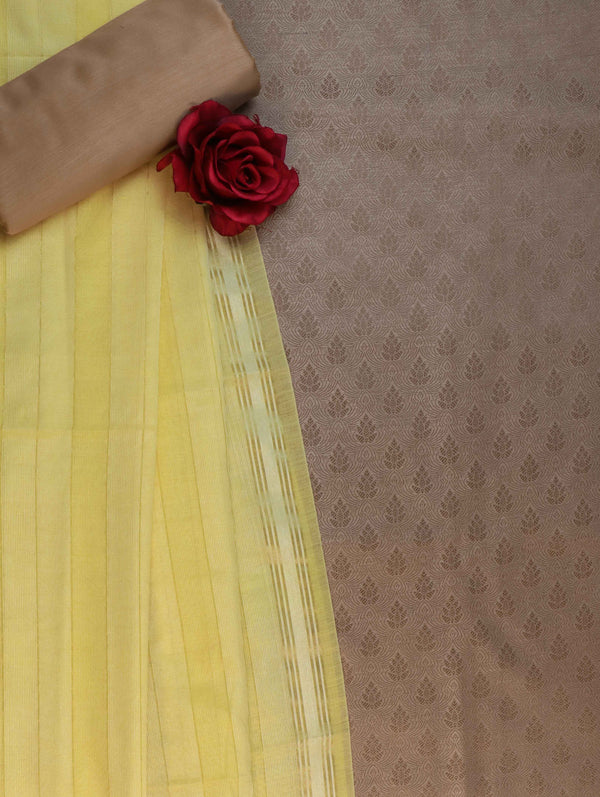 Banarasee Brocade Salwar Kameez Fabric With Cotton Silk Dupatta Set-Beige & Yellow