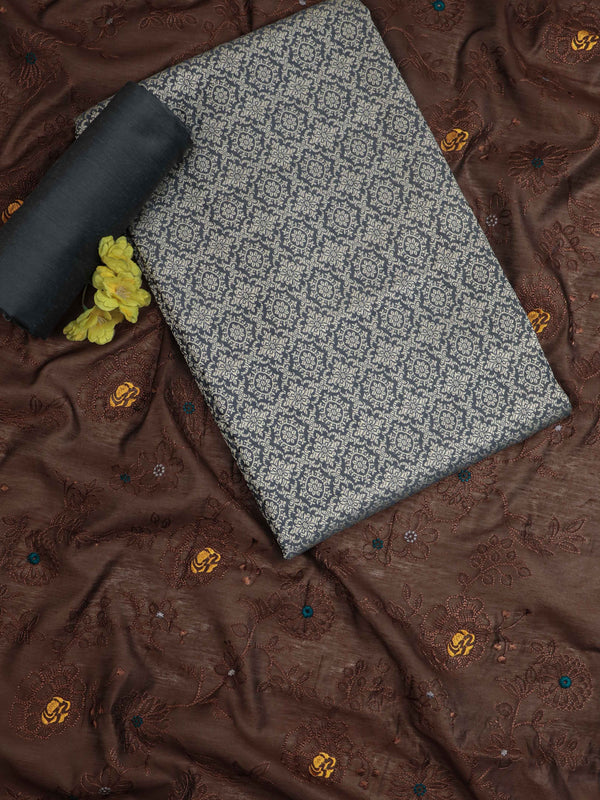 Banarasee Brocade Salwar Kameez Fabric With Contrast Dupatta Set-Light Blue & Brown