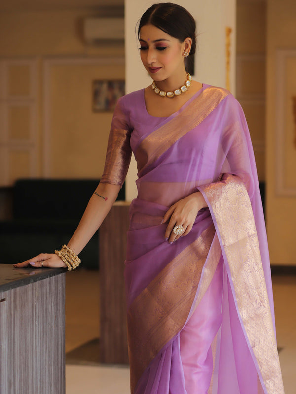 Banarasee Organza Mix Saree With Zari Border-Lavender
