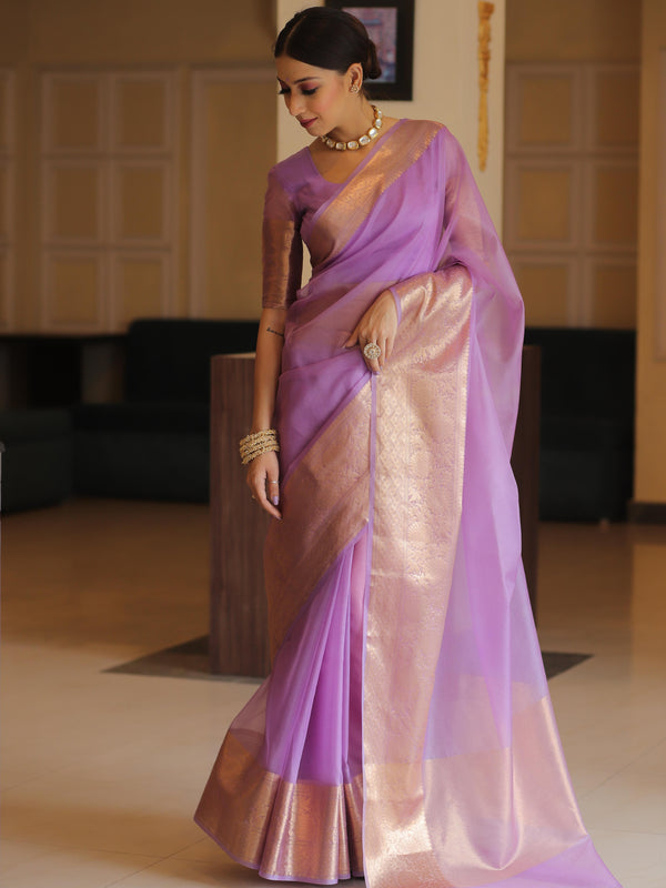 Banarasee Organza Mix Saree With Zari Border-Lavender