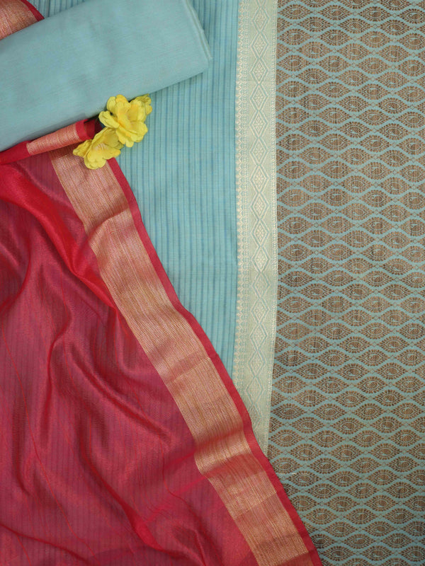 Banarasee Chanderi Cotton Silk Salwar Kameez Fabric With Cotton Silk Dupatta-Turquoise Blue & Pink