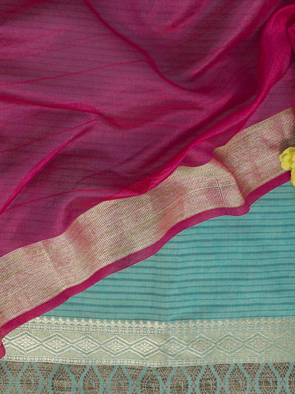 Banarasee Chanderi Cotton Silk Salwar Kameez Fabric With Cotton Silk Dupatta-Turquoise Blue & Pink