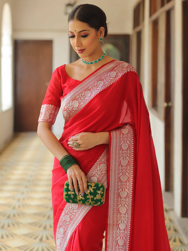 Banarasee Handwoven Faux Georgette Saree With Silver Zari Design-Red