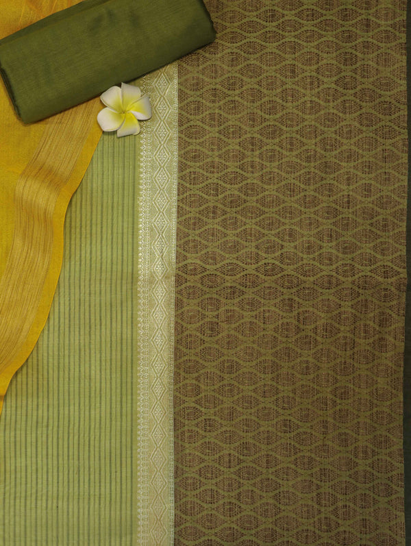 Banarasee Chanderi Cotton Silk Salwar Kameez Fabric With Cotton Silk Dupatta-Olive Green & Yellow
