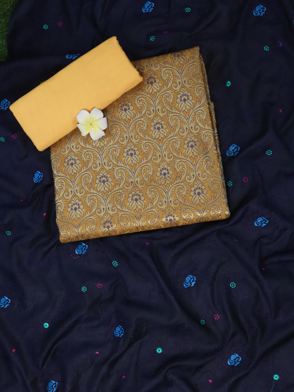 Banarasee Art Silk Salwar Kameez Fabric With Cotton Silk Dupatta Set-Mustard Yellow & Navy Blue