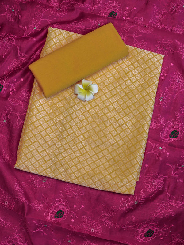 Banarasee Brocade Salwar Kameez Fabric With Cotton Silk Dupatta Set-Yellow & Pink
