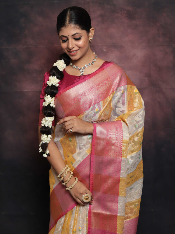 Banarasee Organza Mix Saree With Jaal Design & Floral Border-White & Yellow