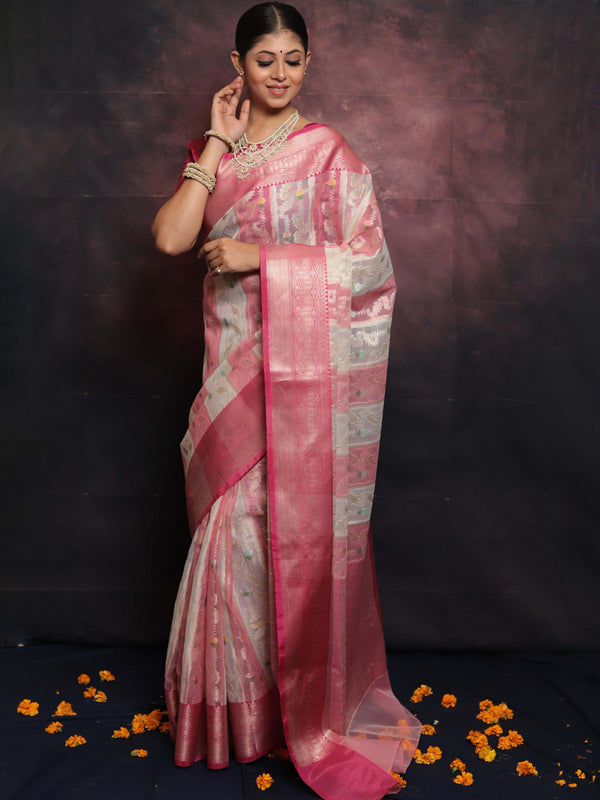 Banarasee Organza Mix Saree With Jaal Design & Floral Border-White & Pink