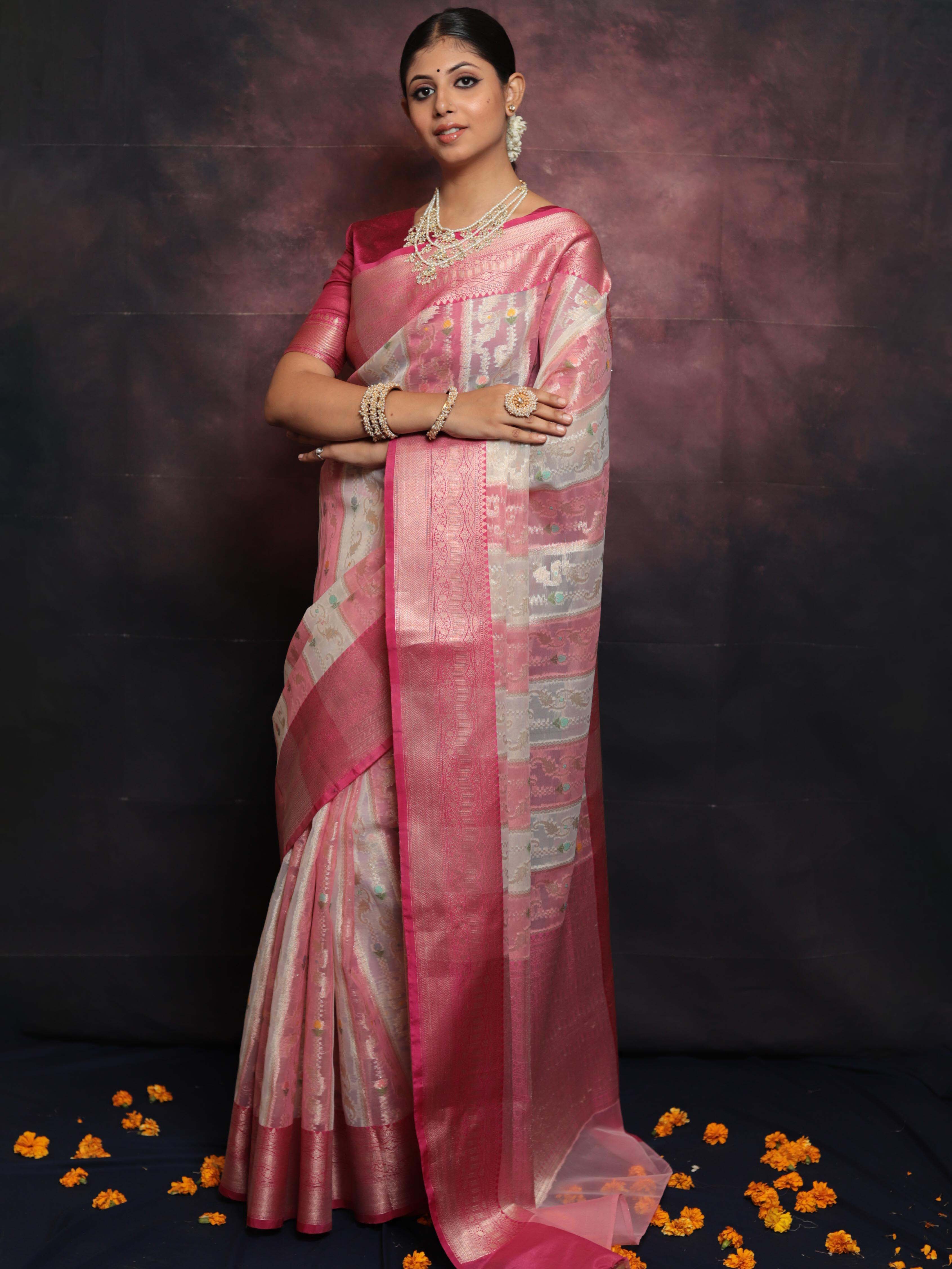 Banarasee Organza Mix Saree With Jaal Design & Floral Border-White & Pink
