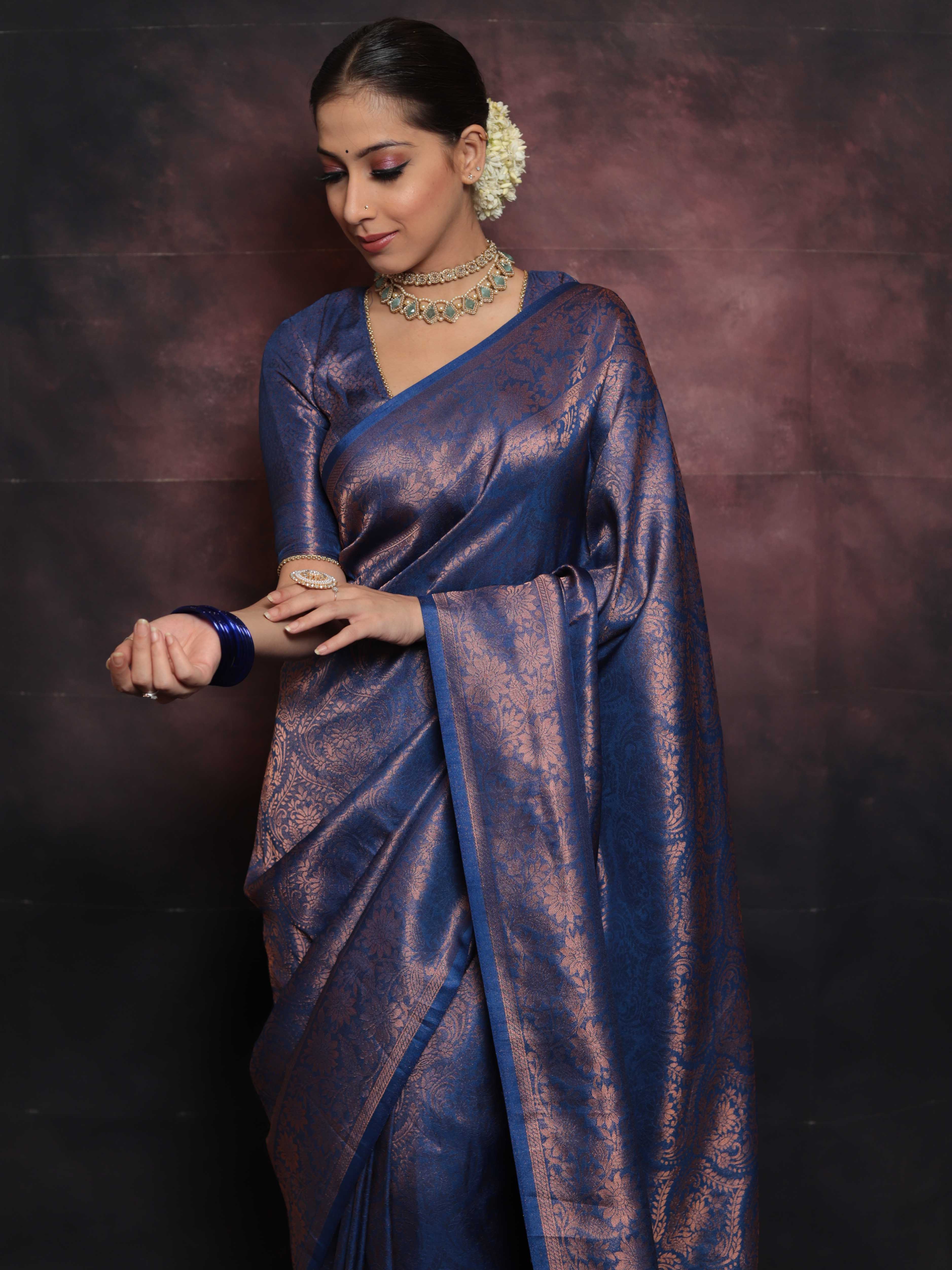 Banarasee Kubera Pattu Soft Silk Saree With Copper Zari Work- Deep Blue
