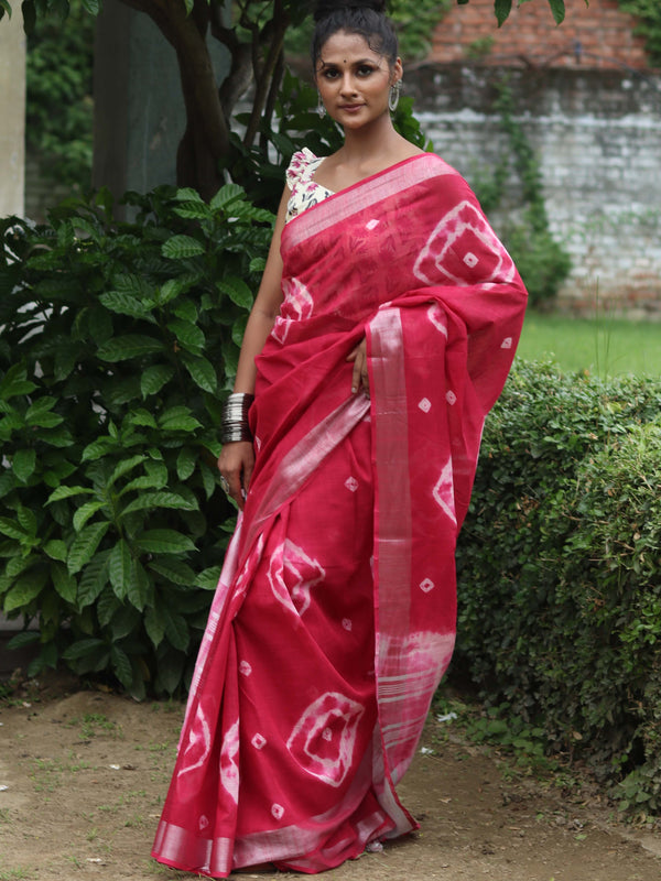 Bhagalpur Handloom Pure Linen Cotton Hand-Dyed Shibori Pattern Saree-Pink