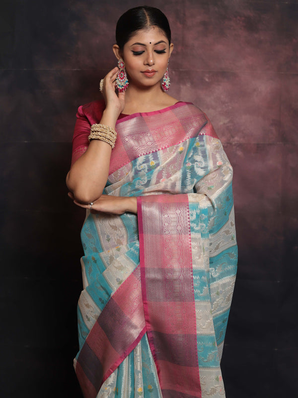 Banarasee Organza Mix Saree With Jaal Design & Floral Border-White & Blue