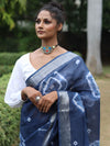 Bhagalpur Handloom Pure Linen Cotton Hand-Dyed Shibori Pattern Saree-Blue