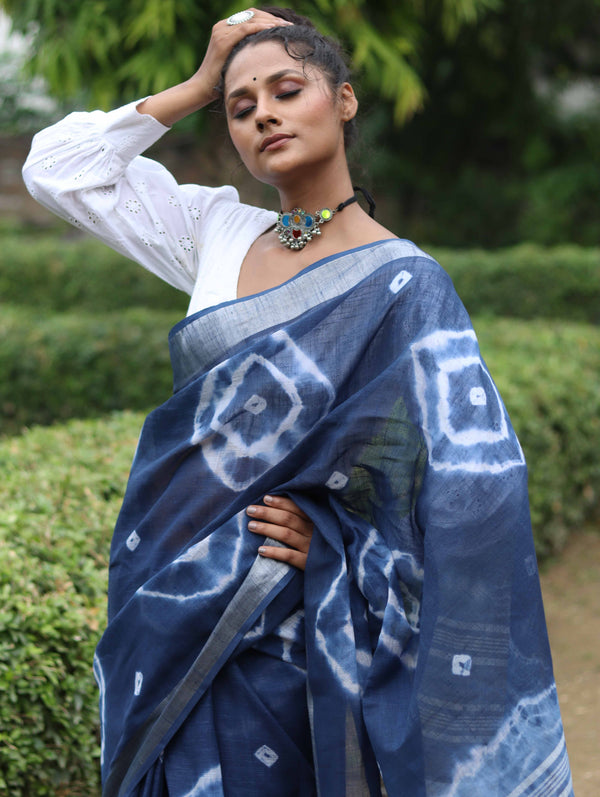 Bhagalpur Handloom Pure Linen Cotton Hand-Dyed Shibori Pattern Saree-Blue