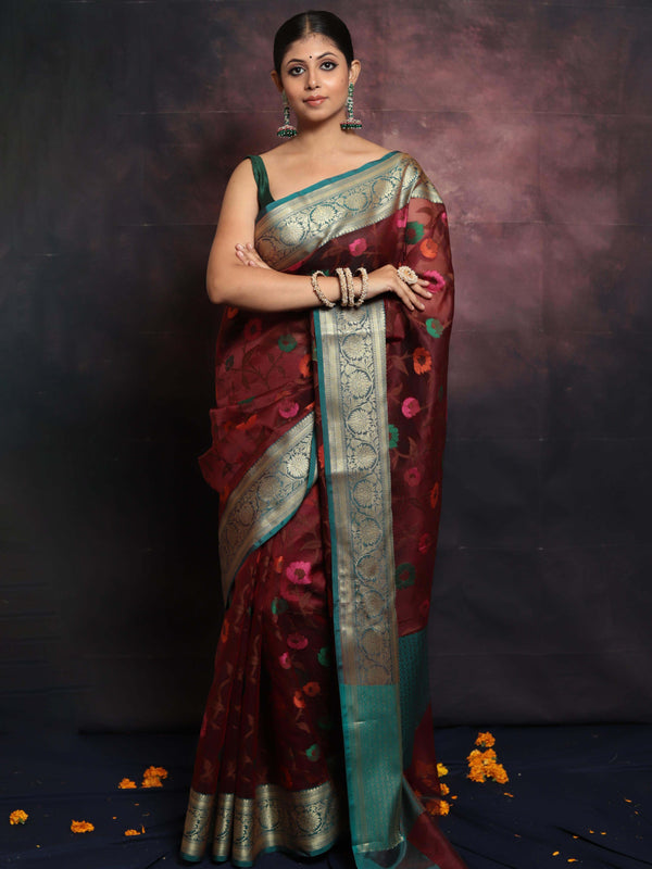 Banarasee Organza Mix Saree With Jaal Design & Floral Border-Maroon & Green