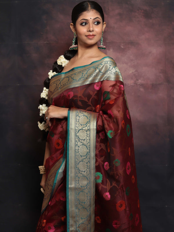 Banarasee Organza Mix Saree With Jaal Design & Floral Border-Maroon & Green