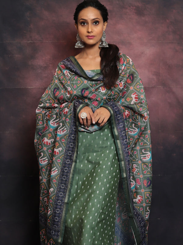 Banarasee Chanderi Silk Zari Buti Salwar Kameez With Patola Dupatta-Green