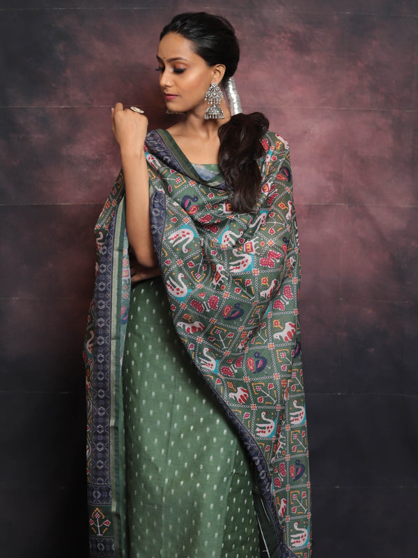 Banarasee Chanderi Silk Zari Buti Salwar Kameez With Patola Dupatta-Green