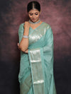 Banarasee Handwoven Semi Silk Saree With Silver Zari Border-Pastel Green
