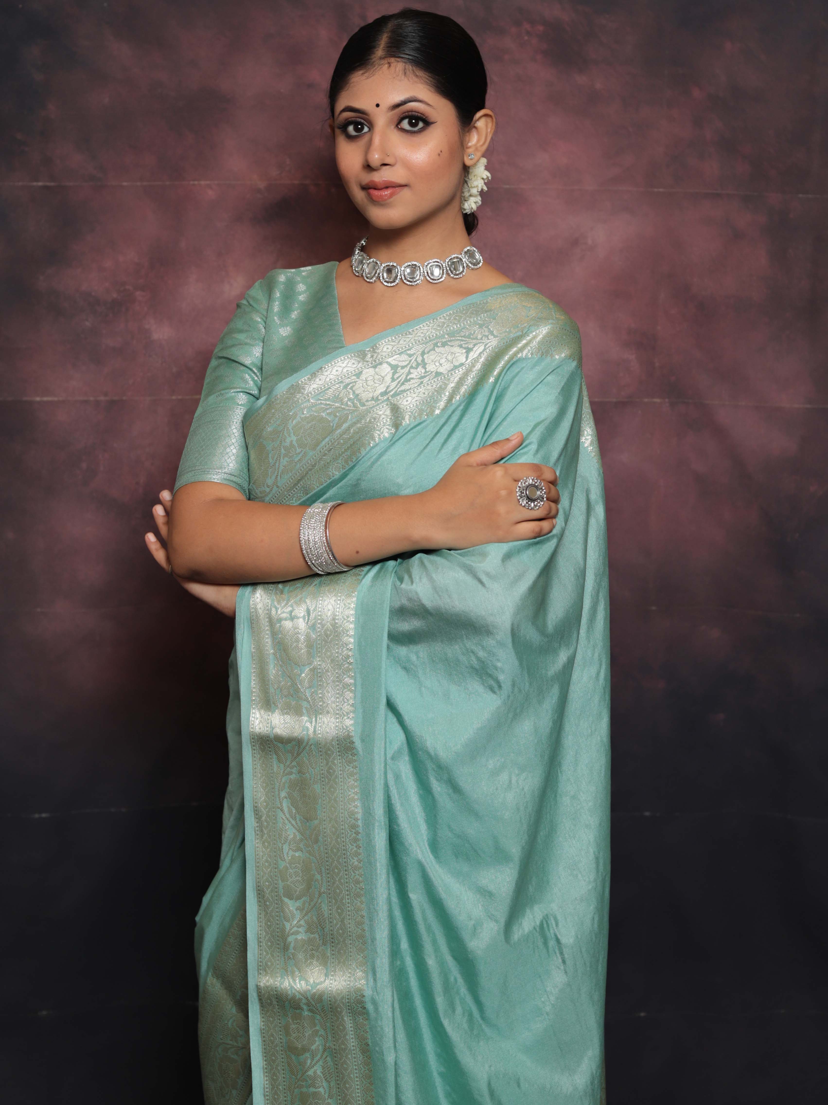 Banarasee Handwoven Semi Silk Saree With Silver Zari Border-Pastel Gre