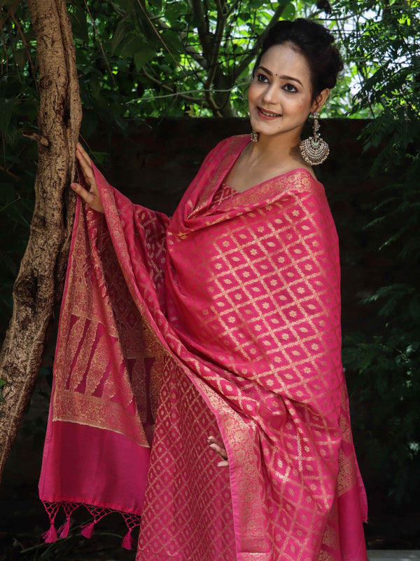 Banarasee Cotton Silk Zari Woven Salwar Kameez Dupatta Set-Fuscia Pink