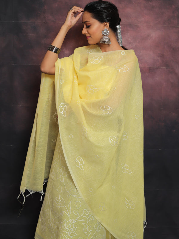 Banarasee Embroidered Linen Cotton Salwar Kameez With Dupatta-Yellow