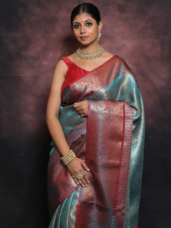 Banarasee Handwoven Broad Border Zari Jaal Design Tissue Saree-Blue & Red