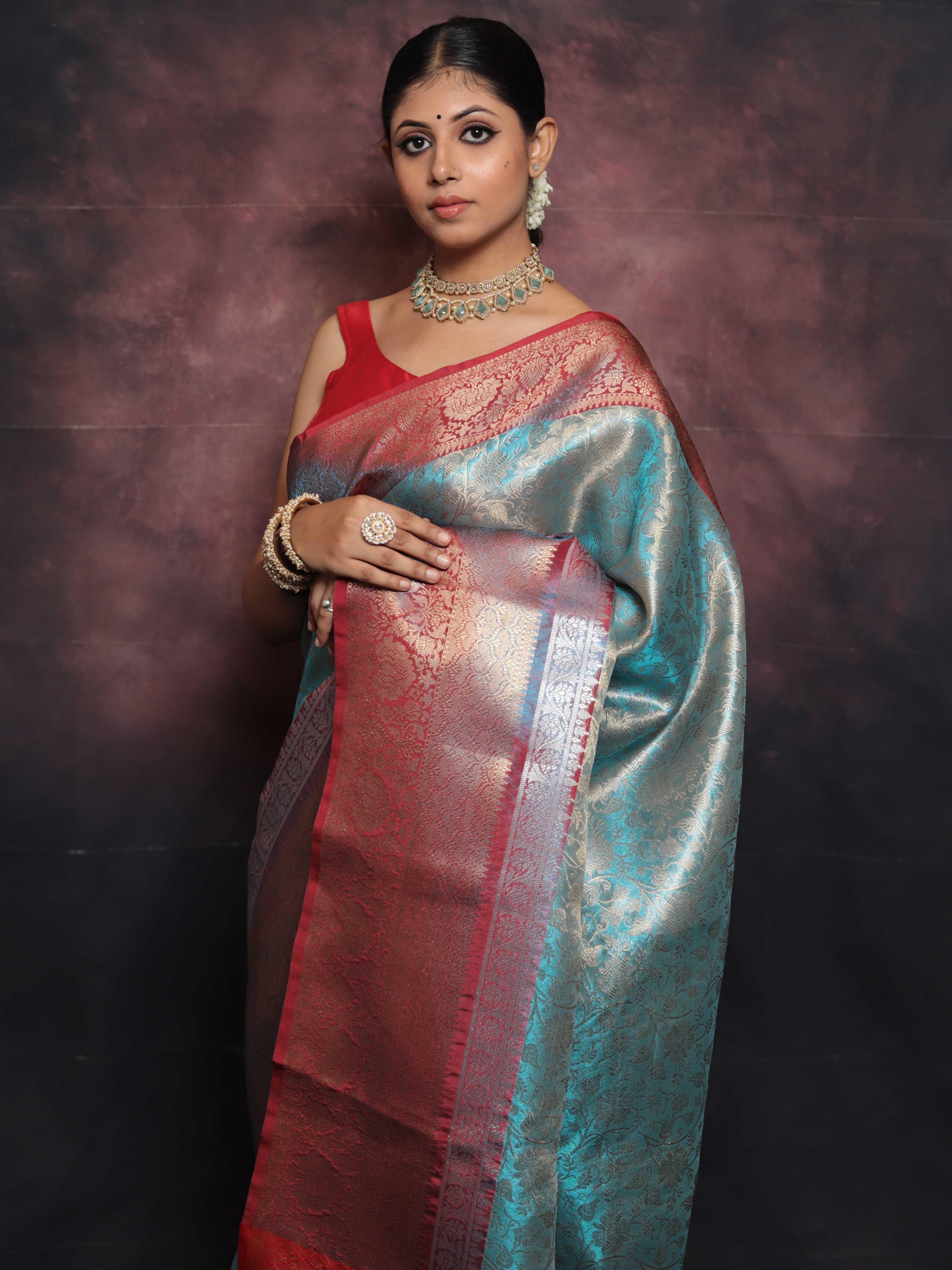 Banarasee Handwoven Broad Border Zari Jaal Design Tissue Saree-Blue & Red