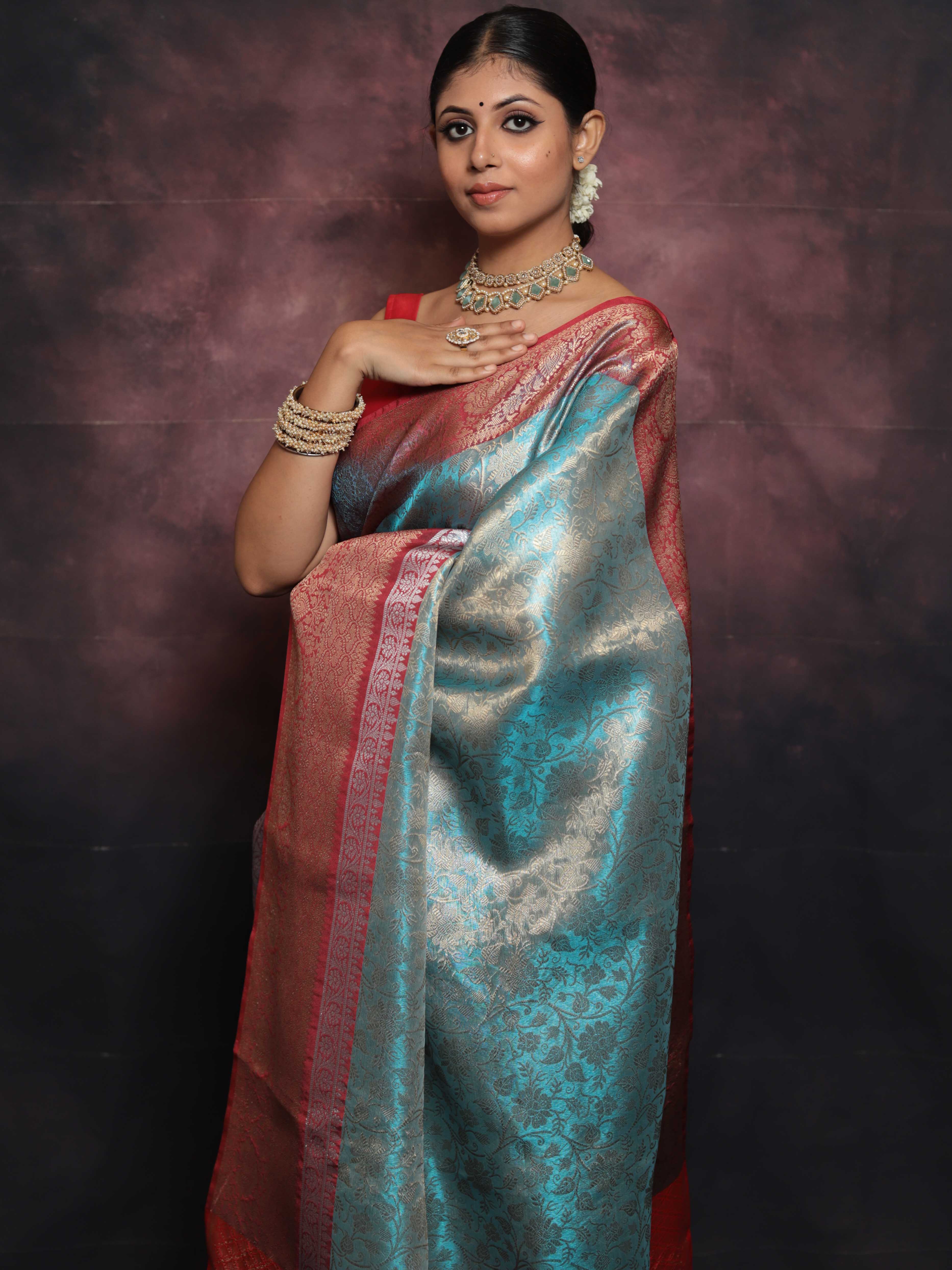 Banarasee Handwoven Broad Border Zari Jaal Design Tissue Saree-Blue & Red