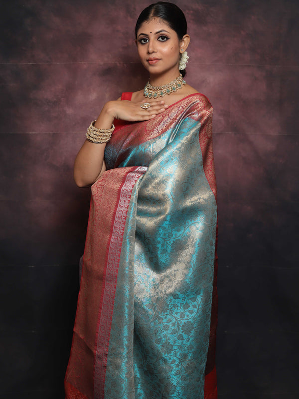 Banarasee Handwoven Broad Border Zari Jaal Design Tissue Saree-Blue & Red