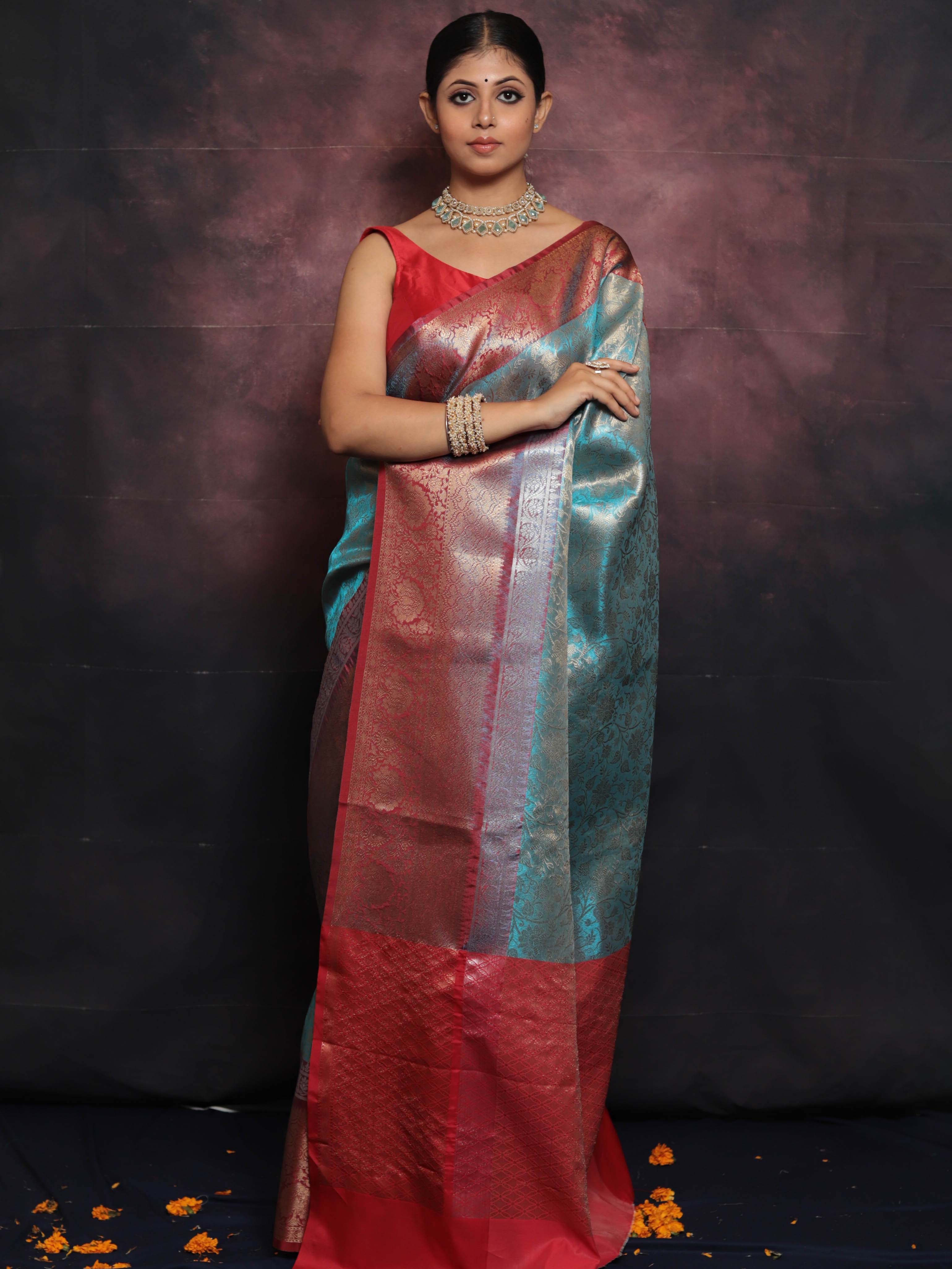 Banarasee Handwoven Broad Border Zari Jaal Design Tissue Saree-Blue & Red