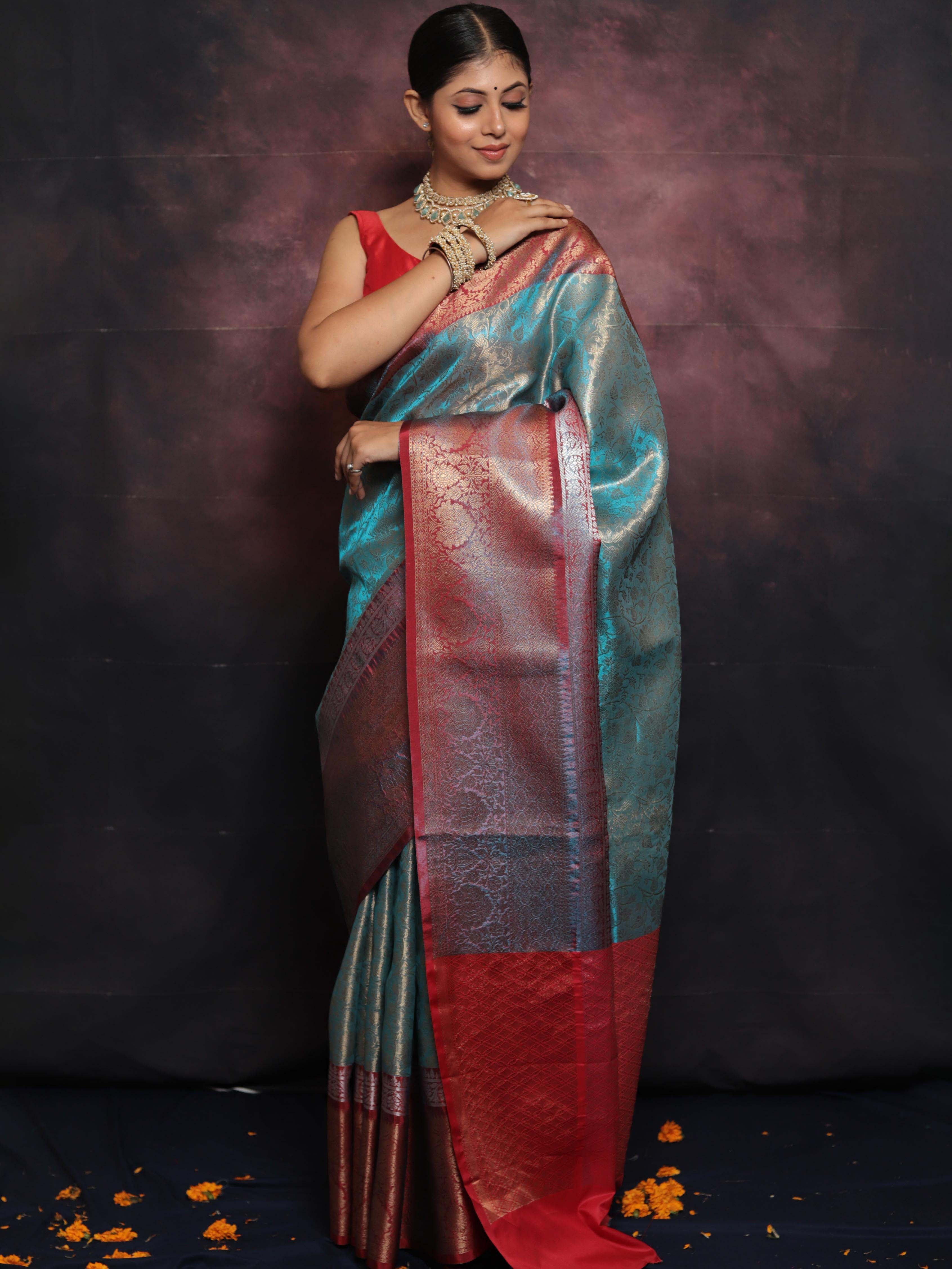 Banarasee Handwoven Broad Border Zari Jaal Design Tissue Saree-Blue & Red